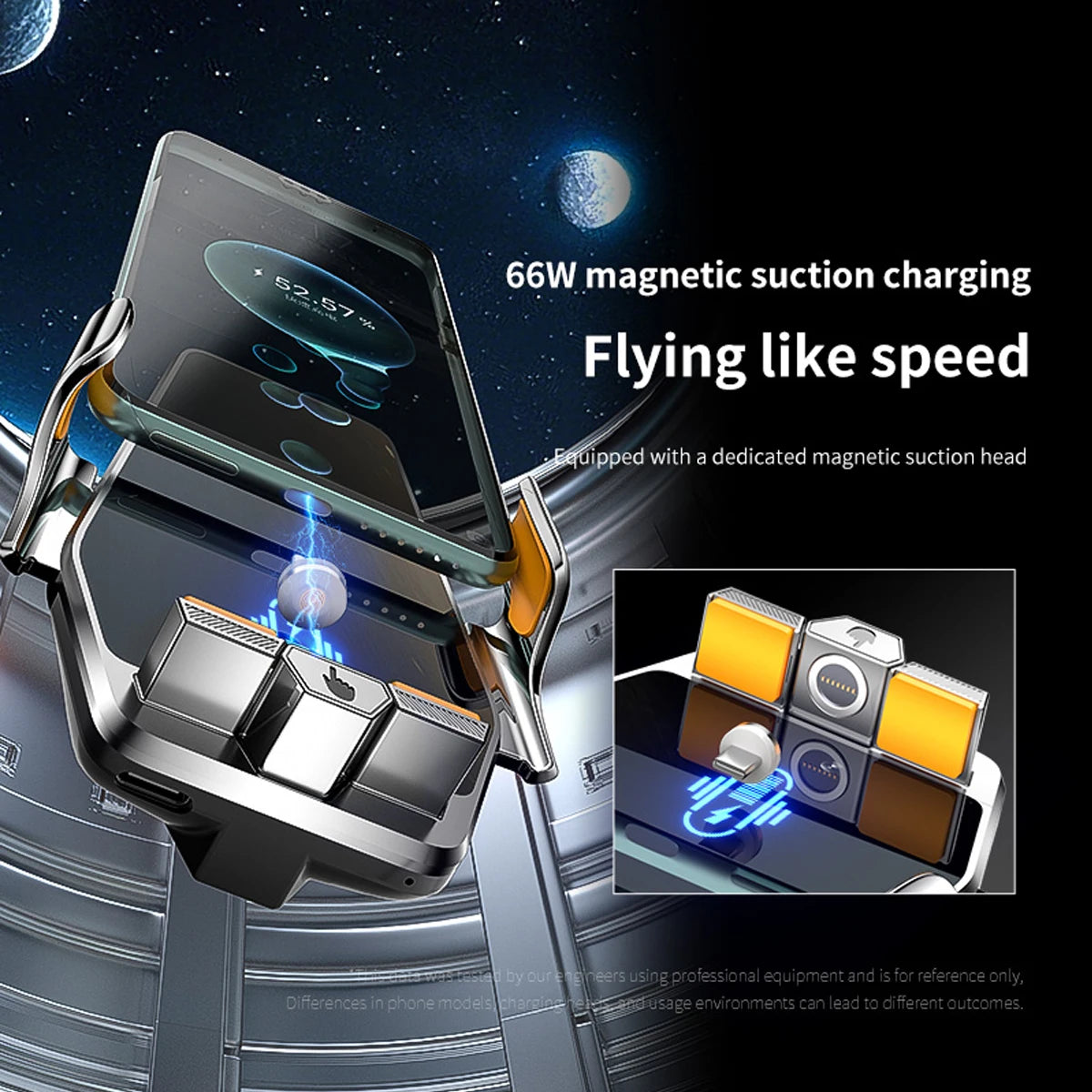 A magnetic suction charging phone mount is shown attaching a smartphone to a vehicle surface.