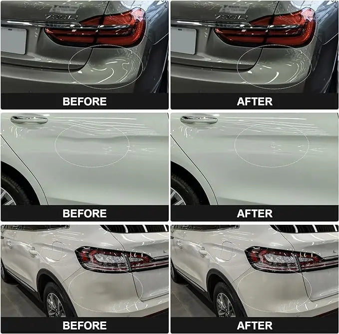 Before and after images showing the removal of plastic dents on a car's trunk and body panels using a dent puller kit.