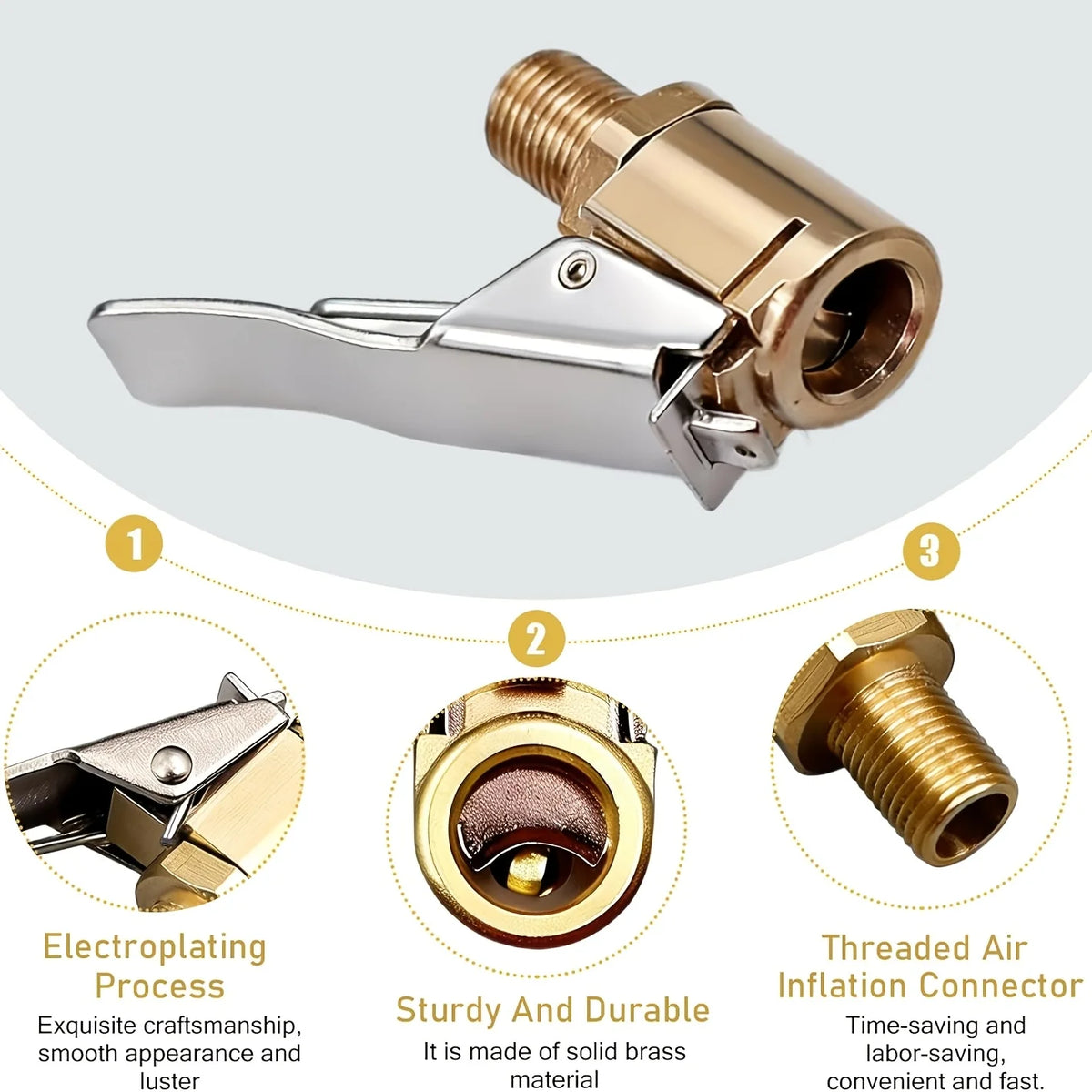 A close-up view of a solid brass tire inflator valve connector with a silver lever and threaded air inlet.
