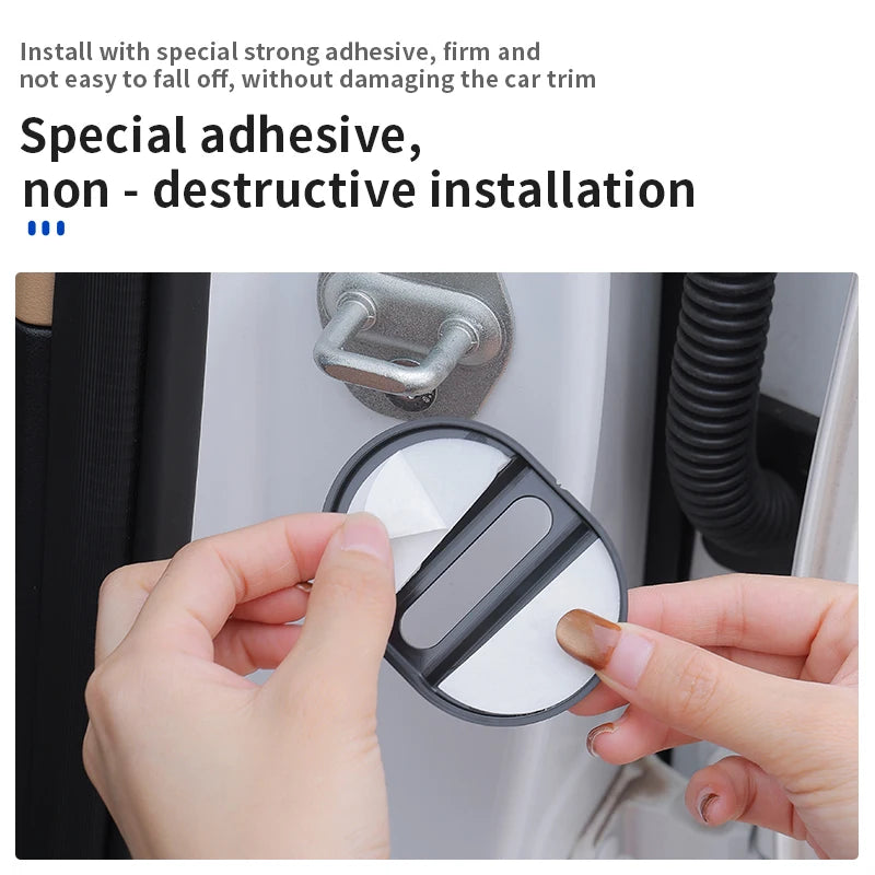 A hand is installing a carbon fiber car door lock protector cover onto a car door frame.