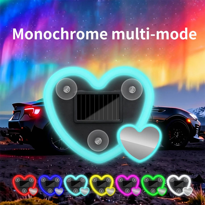 A display of various heart-shaped LED lights demonstrating monochrome multi-mode functionality on a vehicle background.