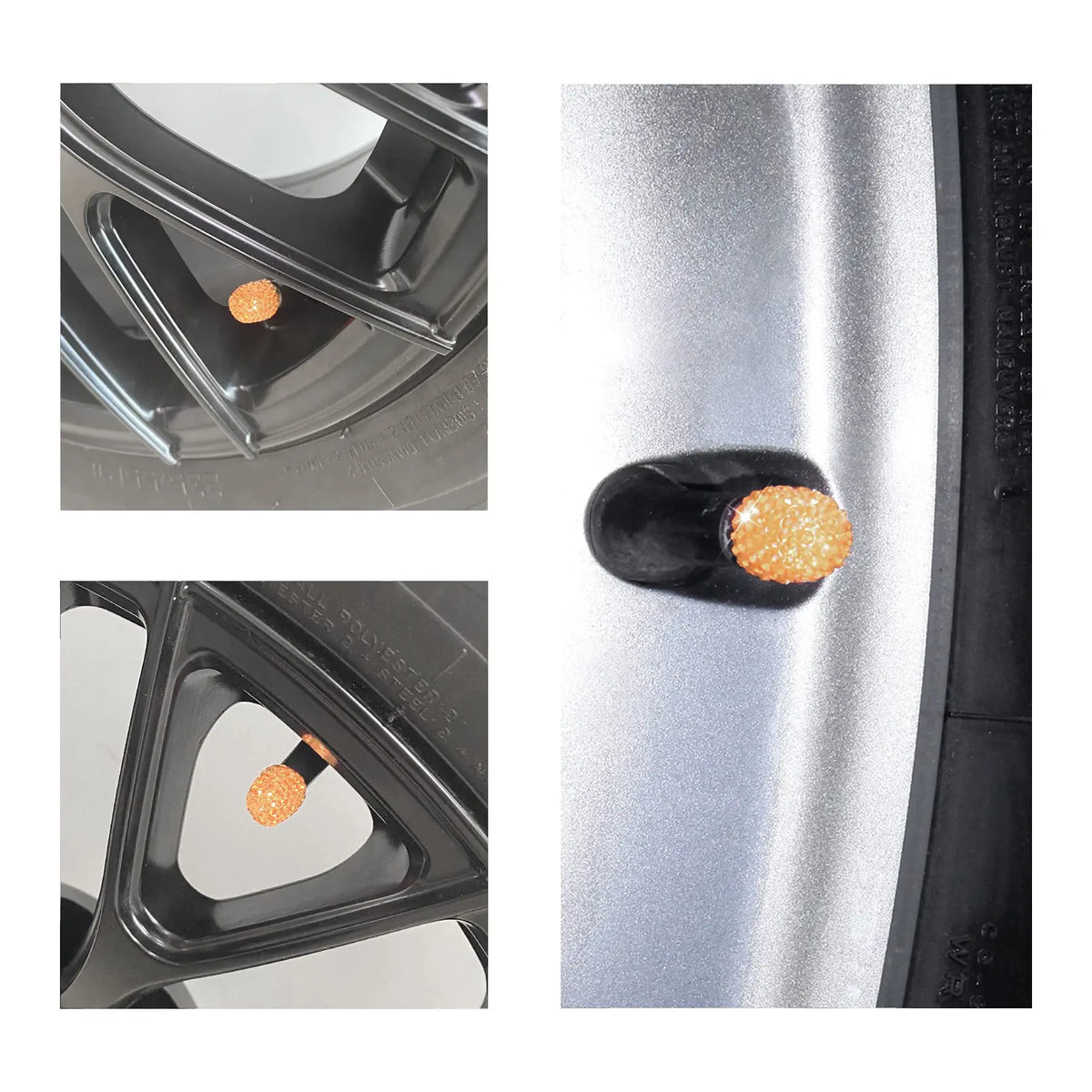 Nahaufnahme eines schwarzen Auto-Rades mit einer orangefarbenen Diamant-Ventilkappe.