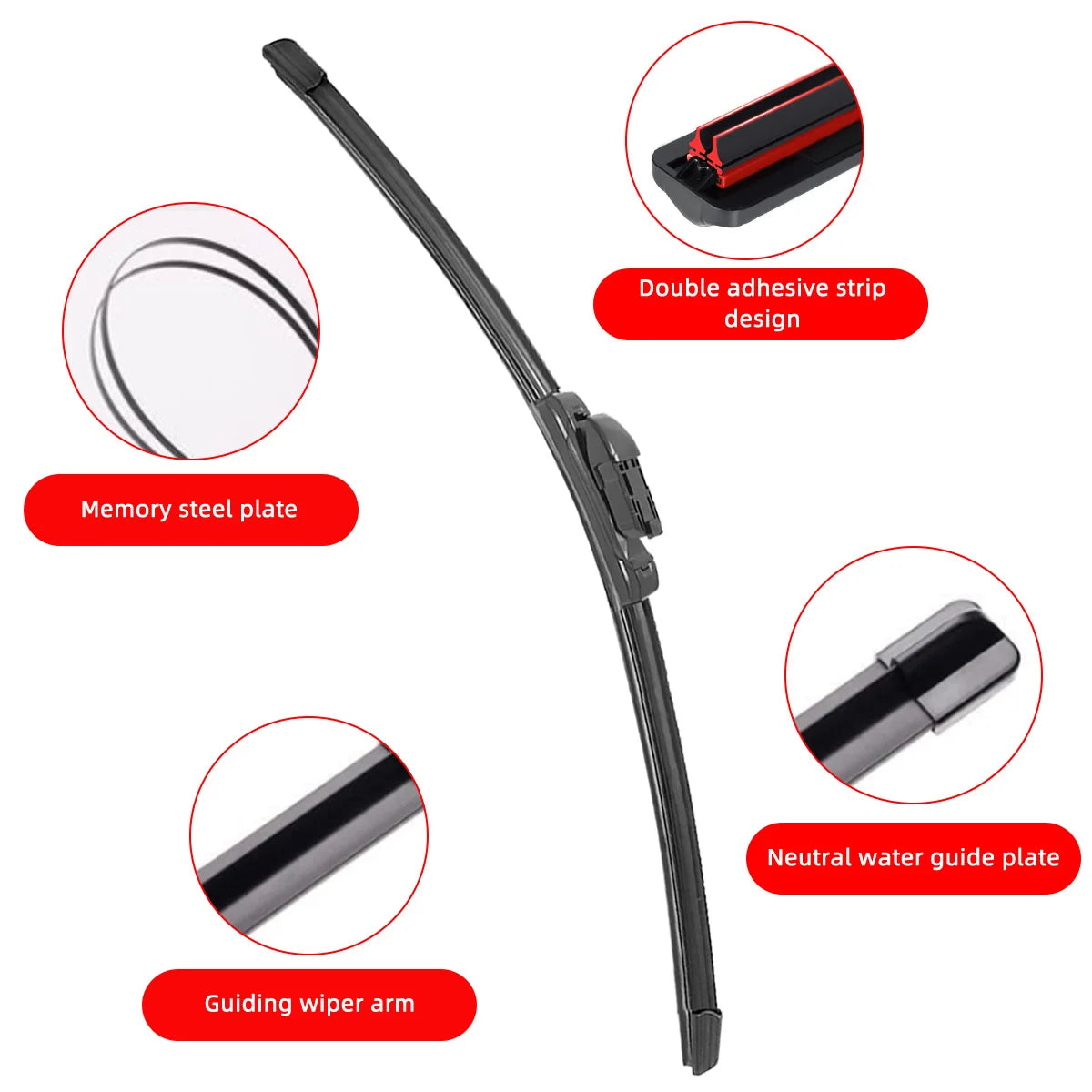 Diagram showing components of a universal car wiper blade including the memory steel plate, guiding wiper arm, and double adh