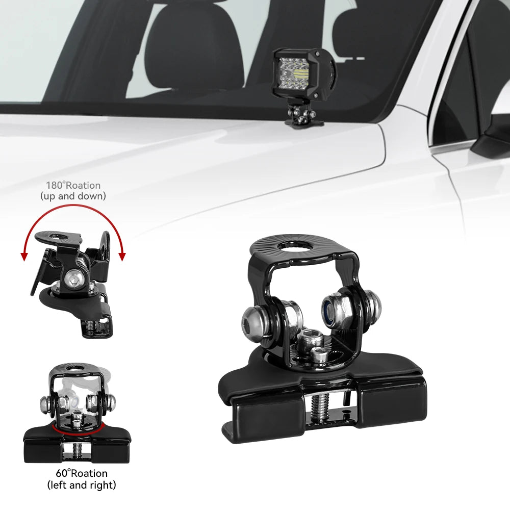 Black mounting brackets for a universal LED light bar, shown in various angles.