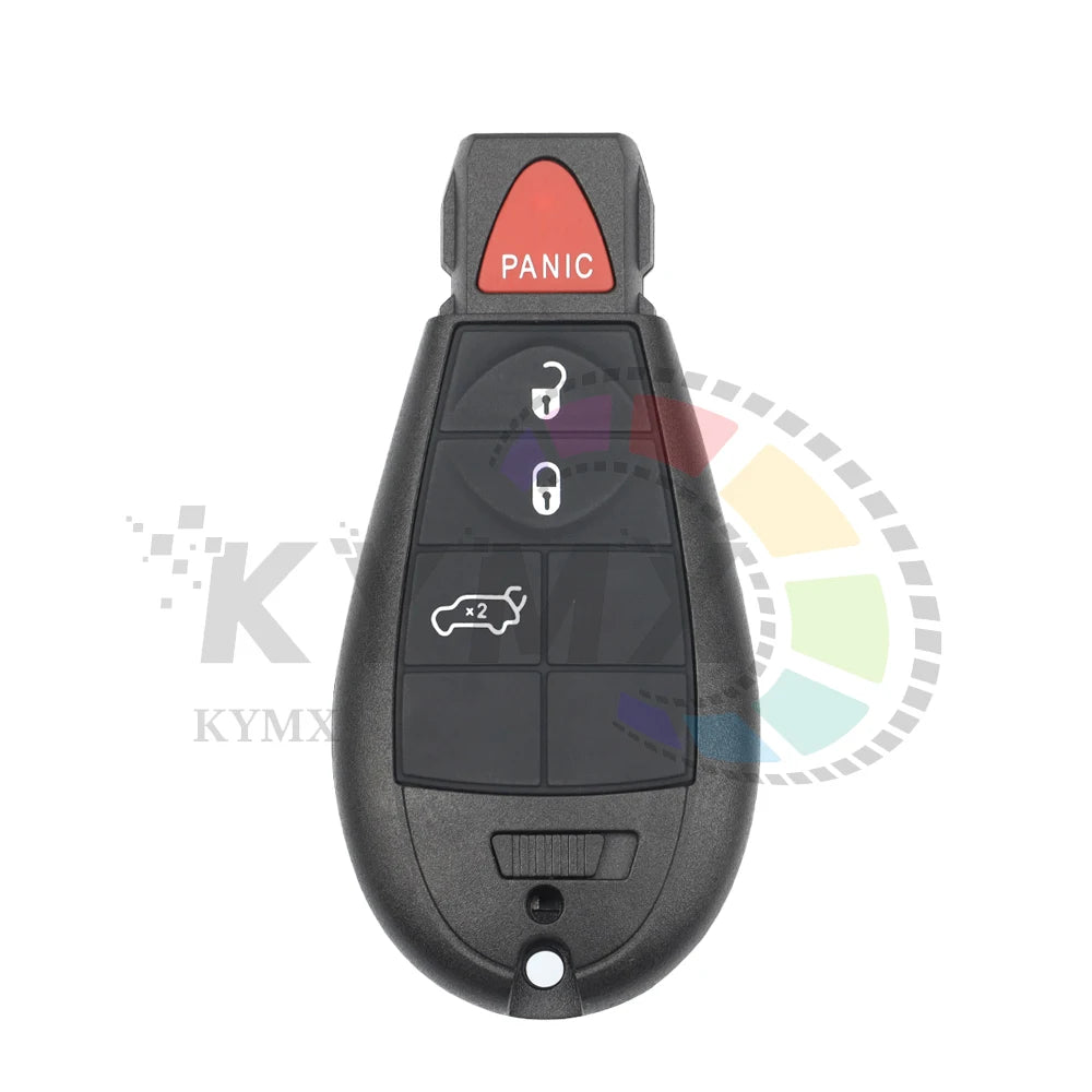 A black smart remote car key fob with a panic button and a keyless entry symbol.