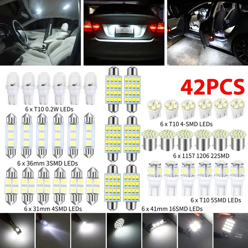A collection of 42 pieces of LED lights including dome, map, and interior lights for a car.