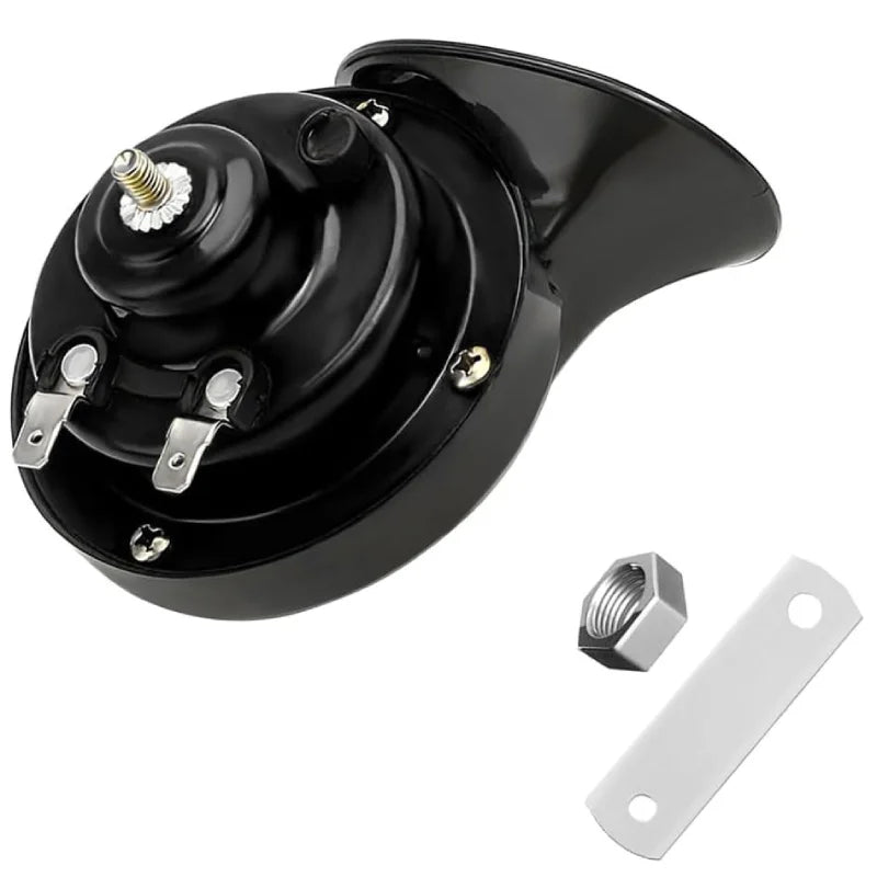 Black 12V waterproof snail horn for motorcycles and cars with mounting hardware