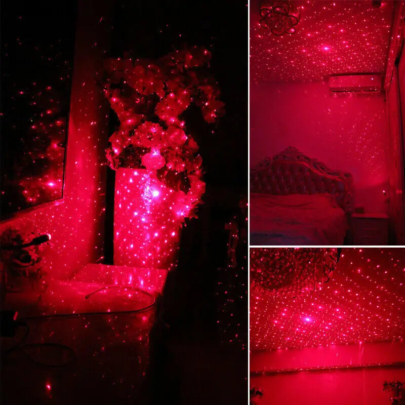 Gros plan d'un projecteur ciel étoilé LED rouge illuminant une pièce et l'intérieur d'une voiture avec une lumière rose vive.
