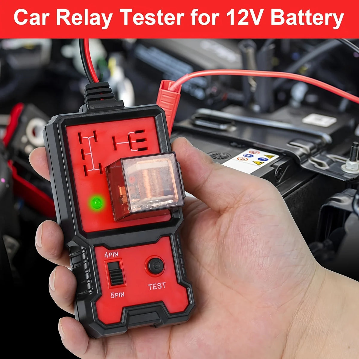 A hand holds a red and black car relay tester device with a test light, demonstrating its use for 12V battery testing.