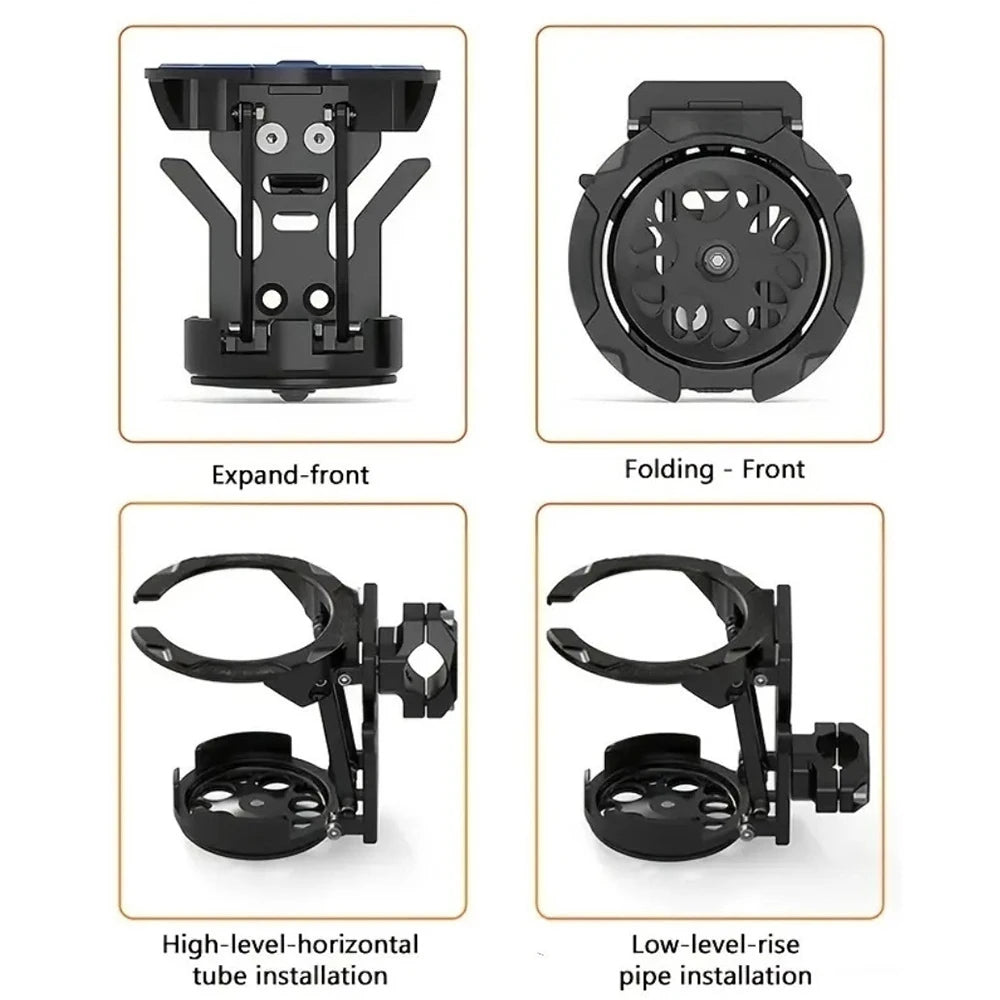 Support de tasse de moto noir réglable montrés dans diverses configurations d'installation.