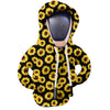 A cozy knit gear shift cover for a manual transmission with a sunflower yellow and black pattern.