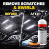 Before and after comparison showing a car's paint surface with scratches and swirls removed by a heavy cut compound.