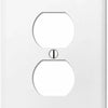 A white electrical light switch cover plate with two circular openings and a small toggle switch.