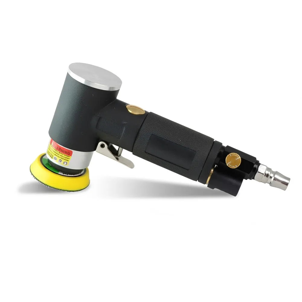 A black and silver mini air orbital sander and polisher kit with a yellow base.