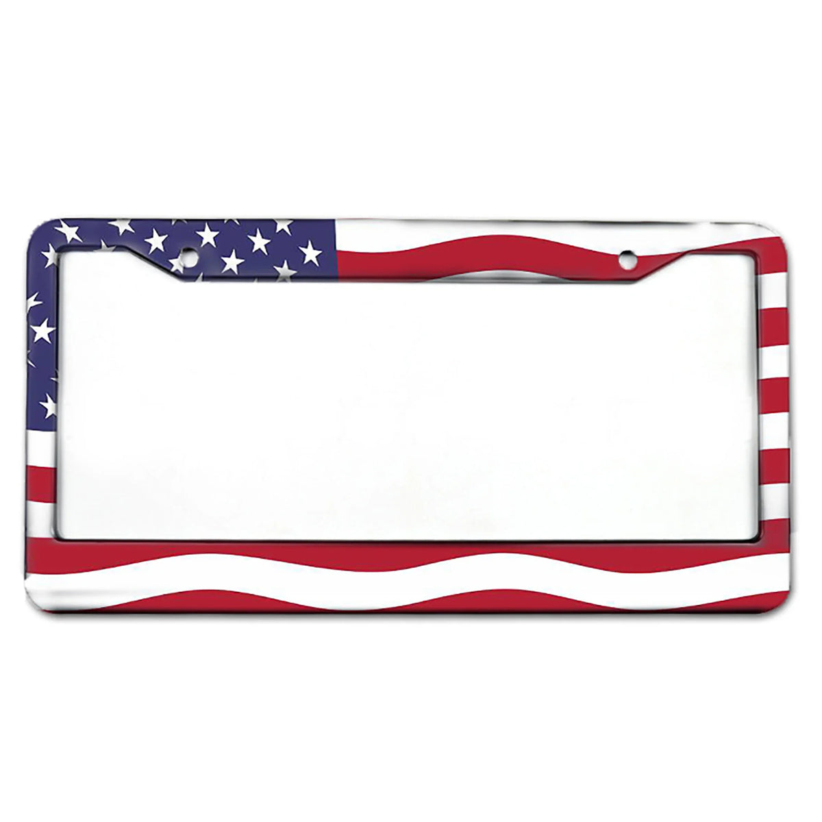 A rectangular aluminum license plate frame featuring the American flag design with red and white stripes and blue stars.