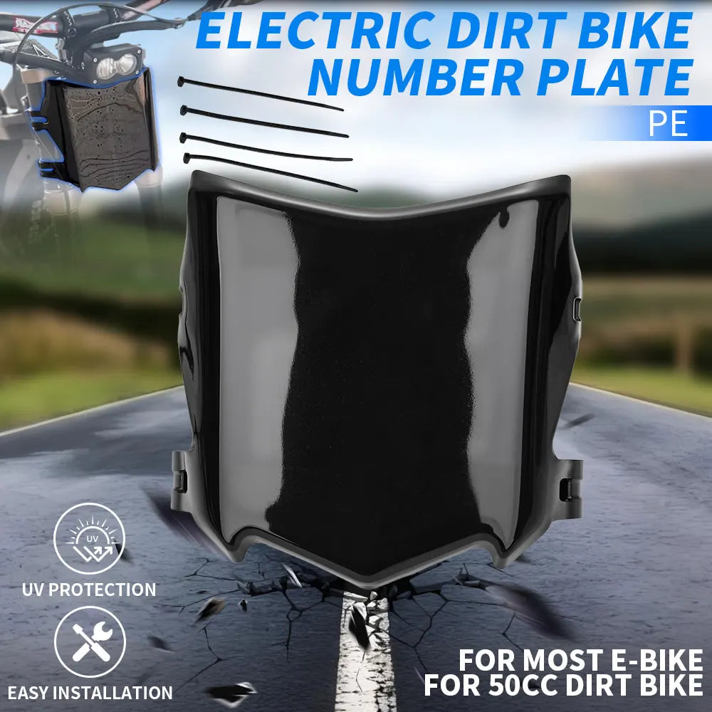 Black plastic number plate cover for electric dirt bikes with UV protection and easy installation