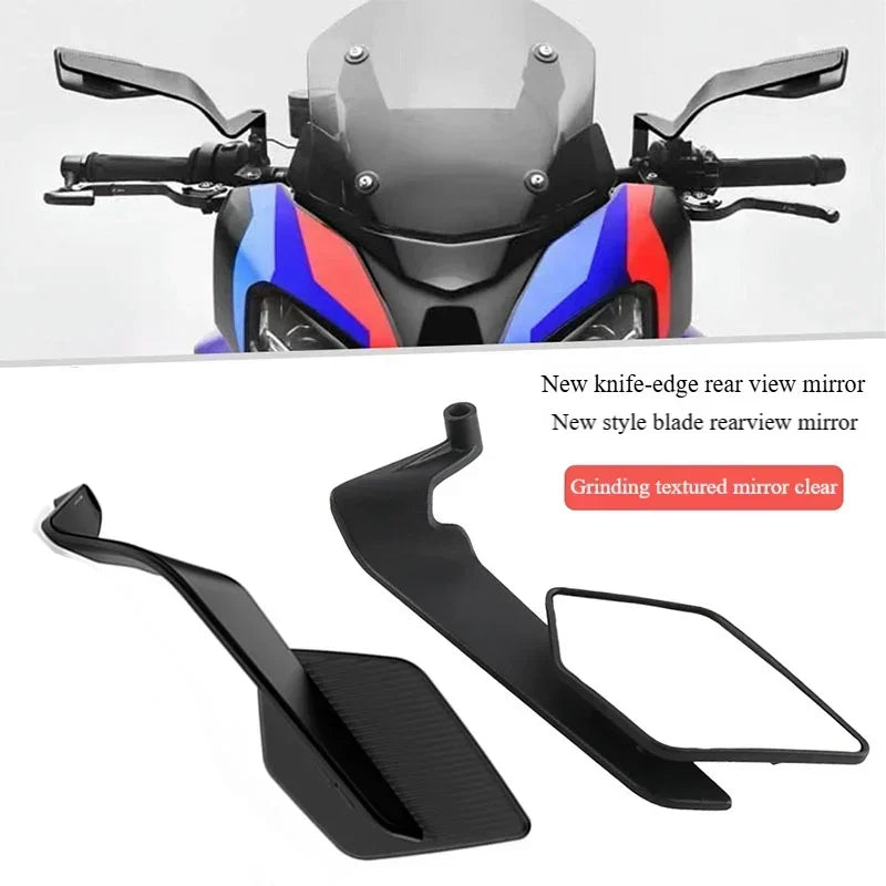 A set of new knife-edge rear view mirrors for a motorcycle, featuring a grinding textured mirror and clear style blade.