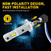 A white LED headlight bulb with a plug and play design is shown against a blue circuit board background.