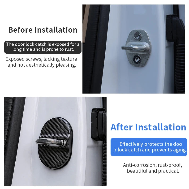 Before and after images showing a carbon fiber door lock catch protector installed on a car door.