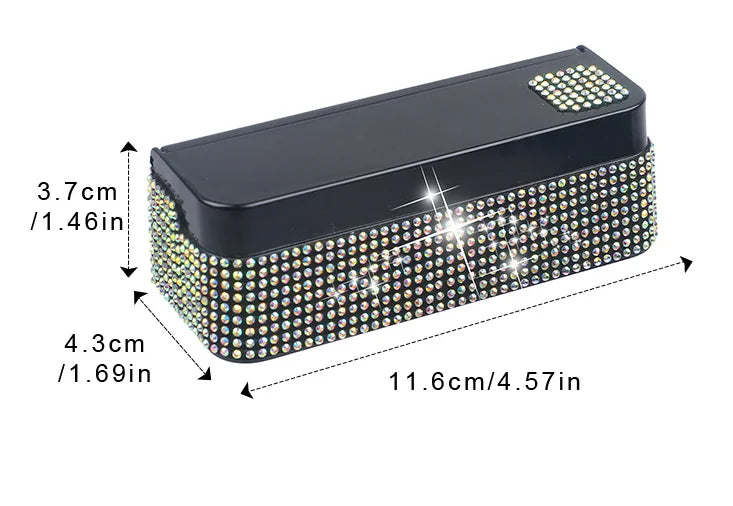 A rectangular coin storage box with a black lid and a sparkling, multicolored surface, shown with dimensions.