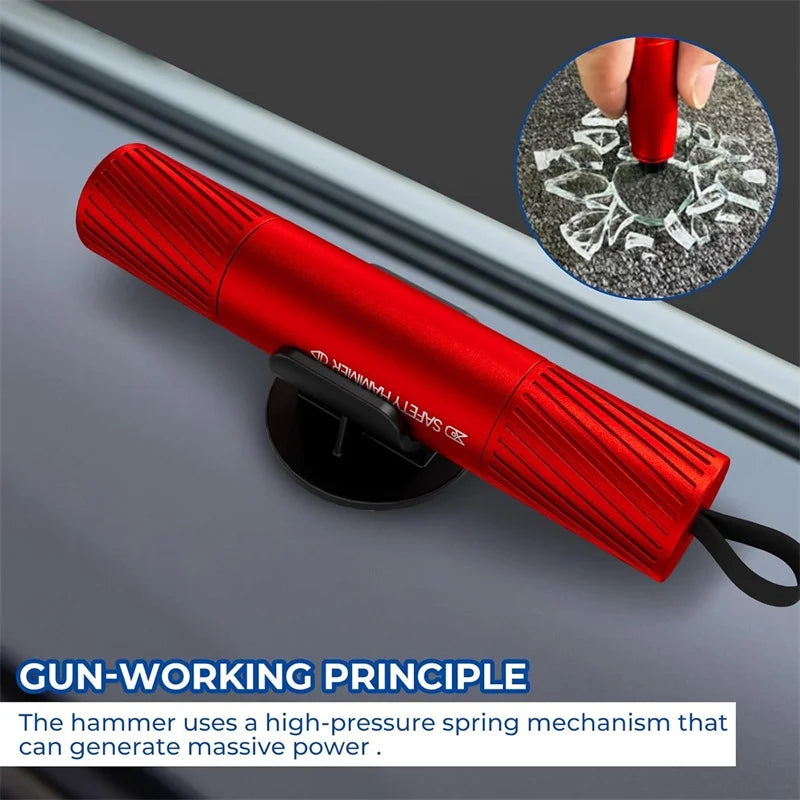 Rotes Sicherheitsschlägermeißelwerk mit Federmechanismus neben einem Auto-Fenster, das Funktionsweise demonstriert.