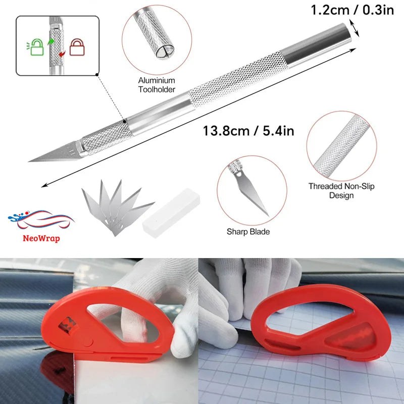 A professional car vinyl wrapping tool kit featuring a metal tool holder and a sharp blade for application.