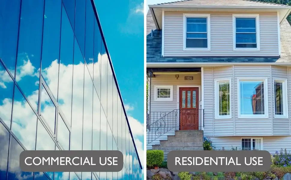 A split image showing a modern glass building facade and a traditional residential house, labeled for commercial and resident