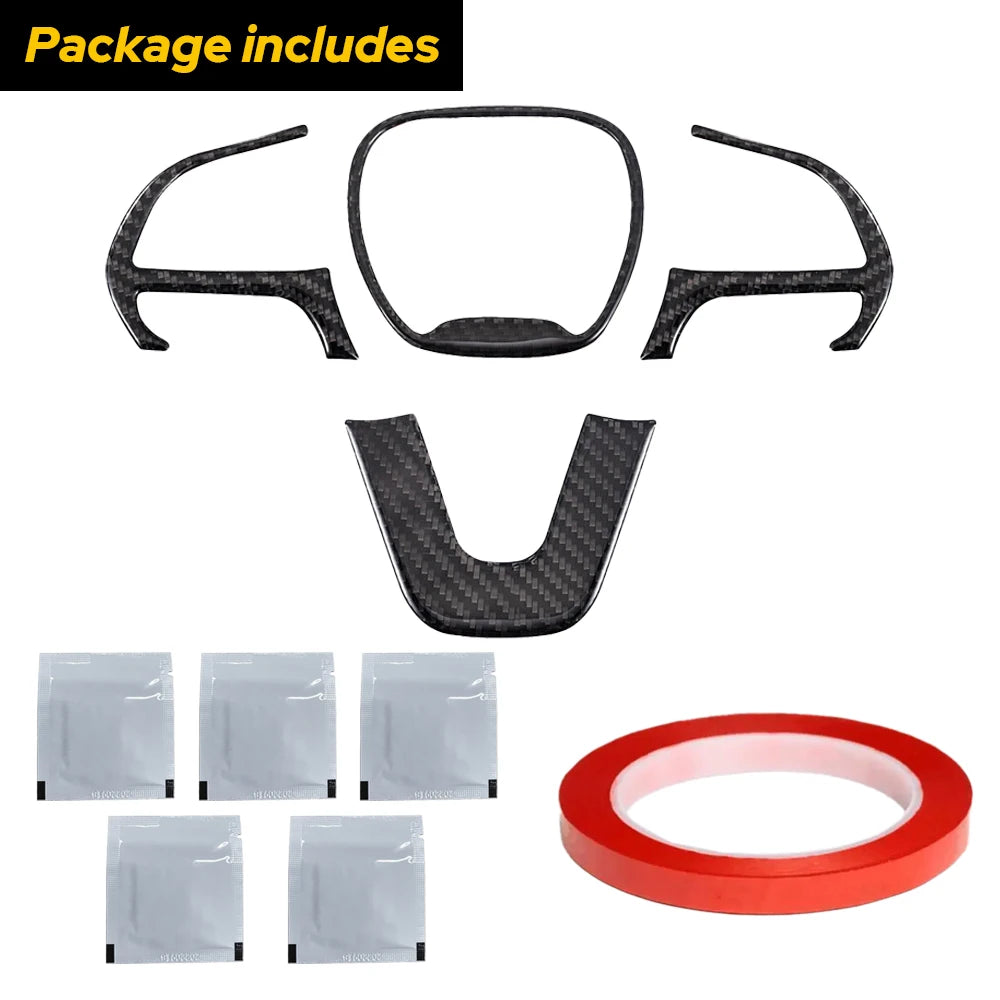 Package includes a steering wheel trim cover, various mounting pieces, and a red ring.