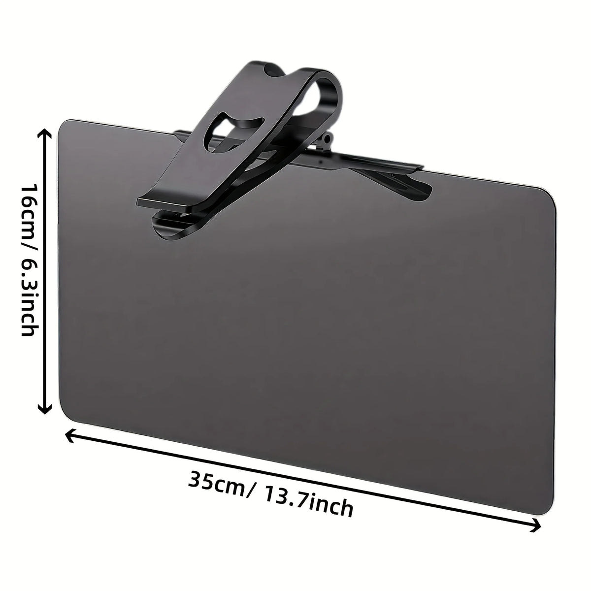 A rectangular dark gray polarized car sun visor with a folding mechanism shown in a side view.