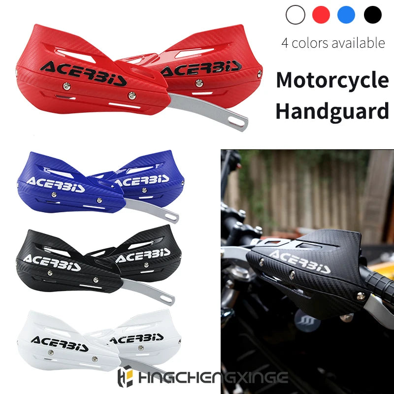 Four colors of Acerbis motorcycle handguards shown in various angles and styles.