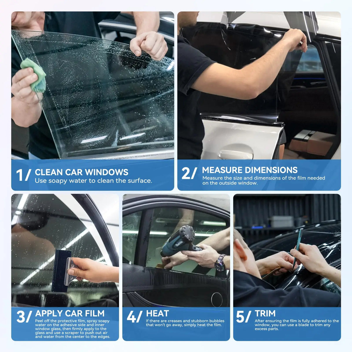 Five steps demonstrating how to clean, measure, apply, heat, and trim heavy-duty car window tint film.