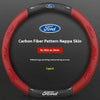 Red carbon fiber patterned nappa skin steering wheel cover for Ford vehicles