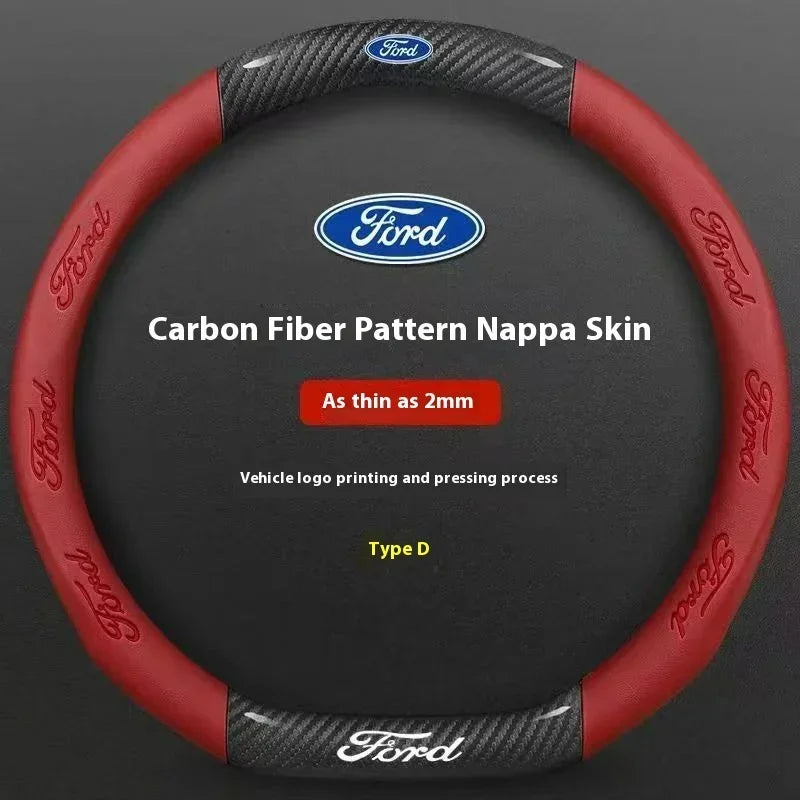 Red carbon fiber patterned nappa skin steering wheel cover for Ford vehicles