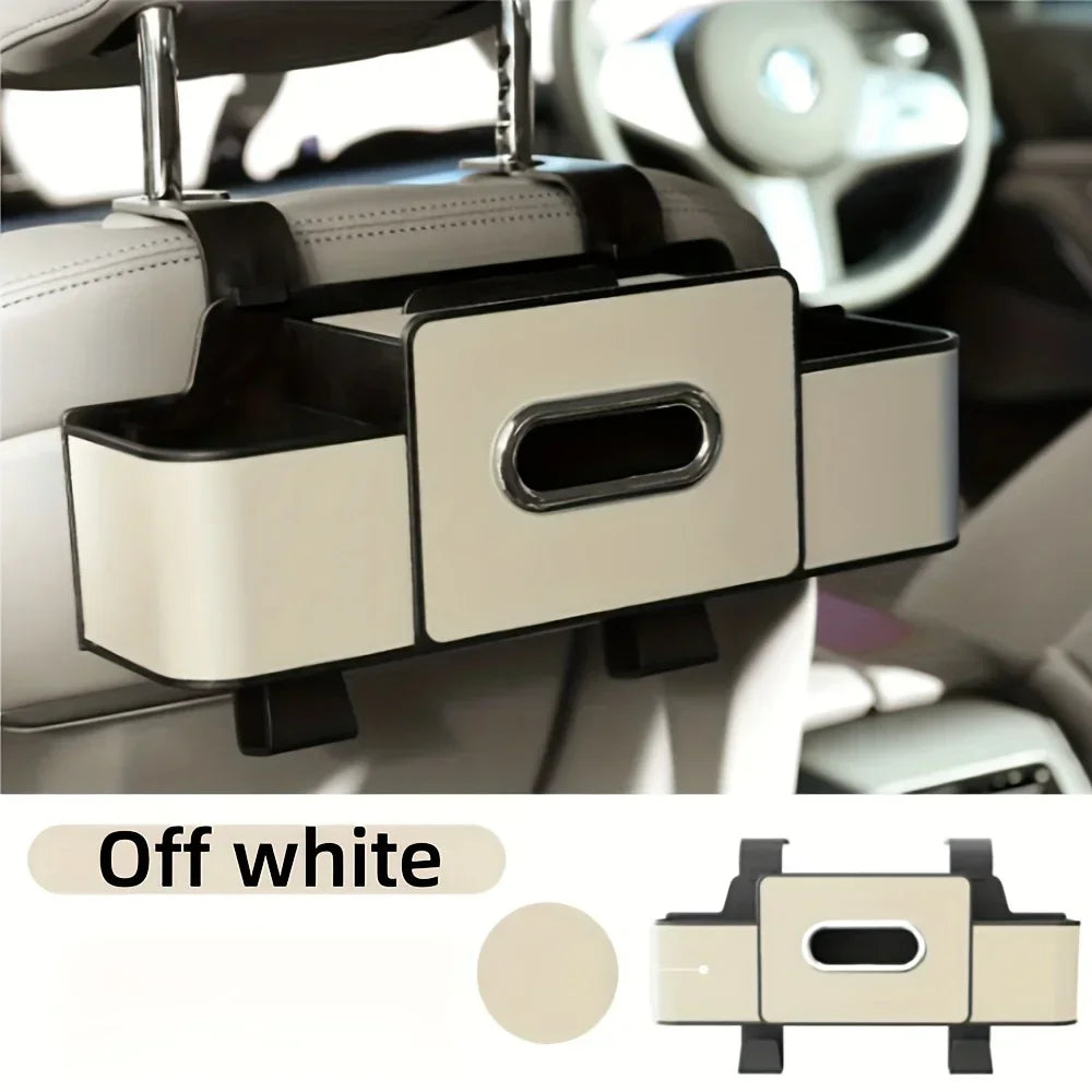 Off white multifunctional car back seat organizer with cup holders shown in a vehicle interior.