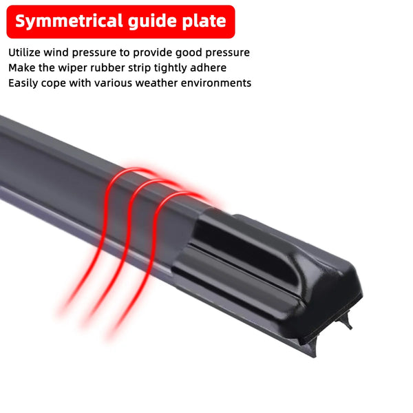 A close-up view of a black symmetrical guide plate for a car wiper blade.