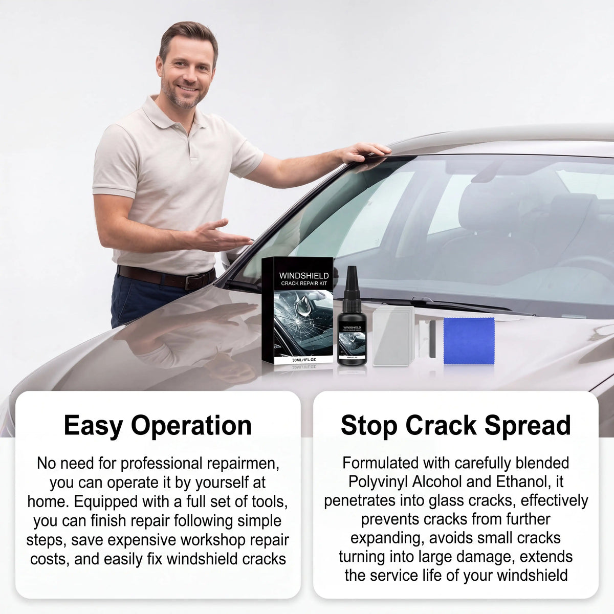 A man demonstrates the easy operation of a windshield crack repair kit on a car window.