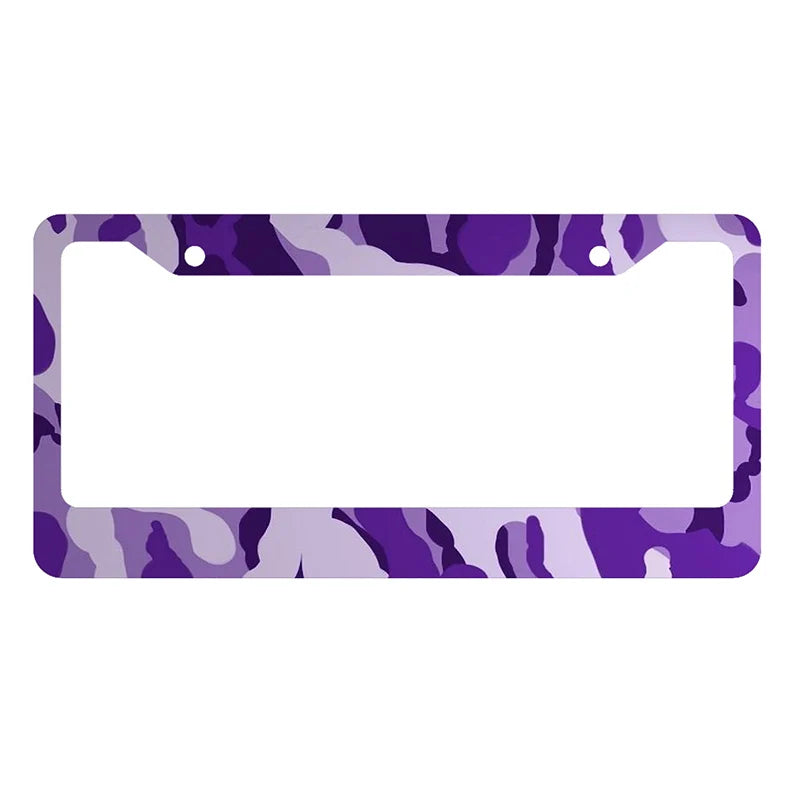 A rectangular license plate cover with a purple and gray camouflage pattern.