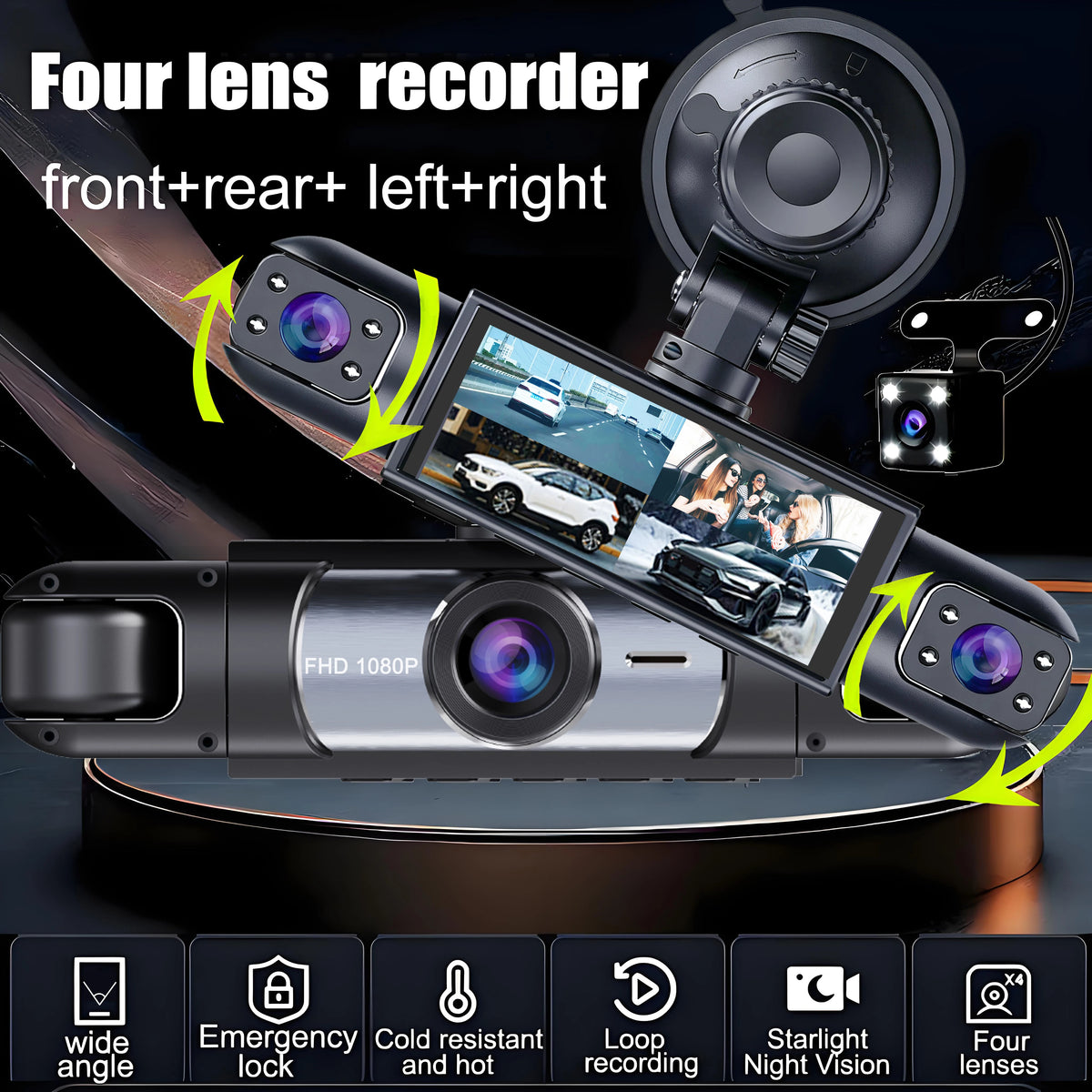 A black car security camera system featuring four lenses for front, rear, left, and right recording.
