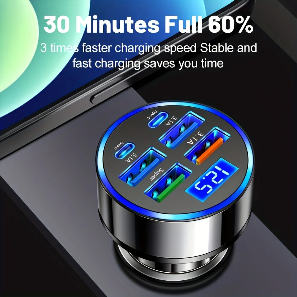 Gros plan d'un adaptateur de charge multi-fonction avec plusieurs ports de sortie et un affichage numérique.