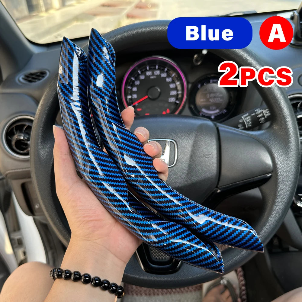 Blue A universal car steering wheel booster cover, two pieces, shown in a hand inside a car interior.