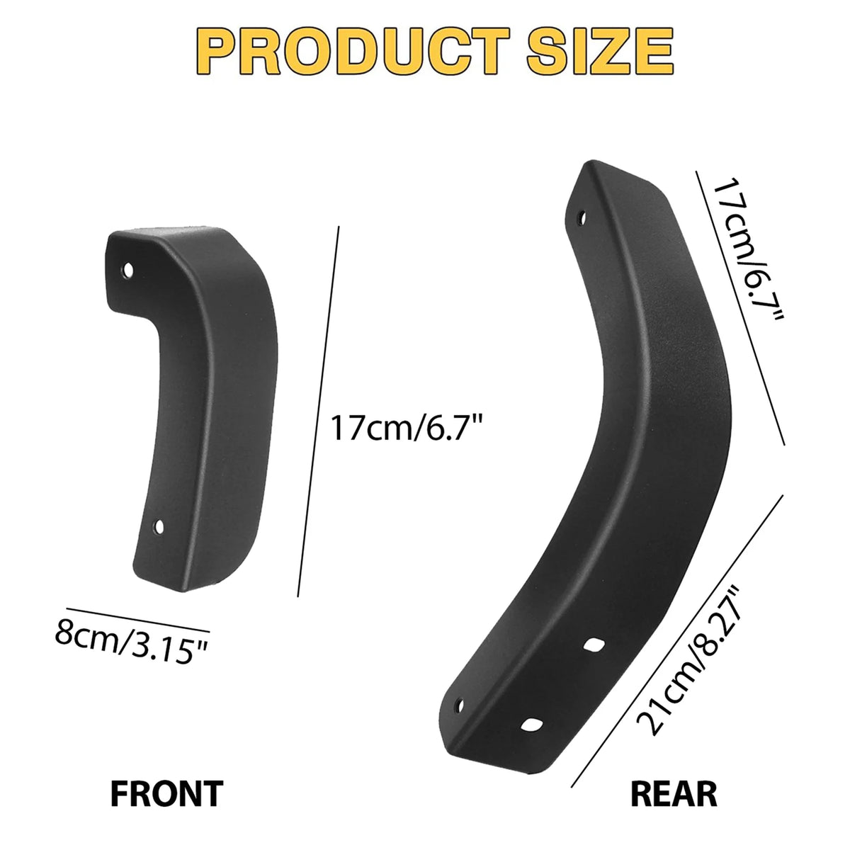 Front and rear views of a black mud flap for a Chevrolet Silverado 1500, showing dimensions.