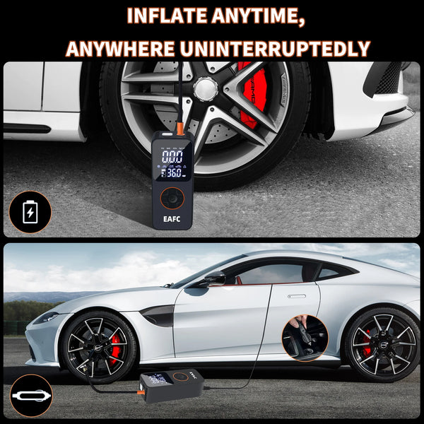 A portable wireless tire inflator is shown inflating a car tire, with the device and charging cable visible.