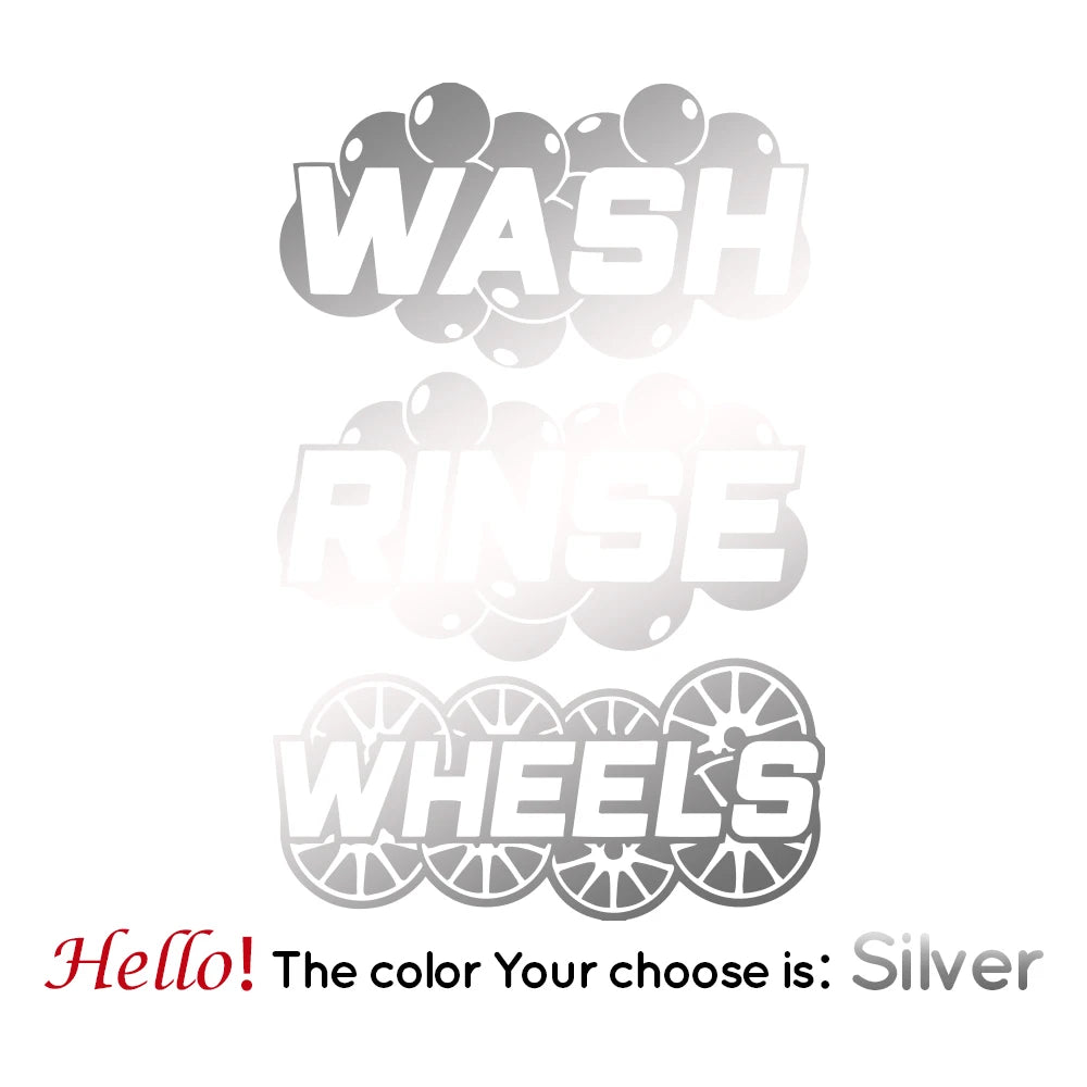 Silver vinyl decals showing WASH, RINSE, and WHEELS text for car detailing buckets
