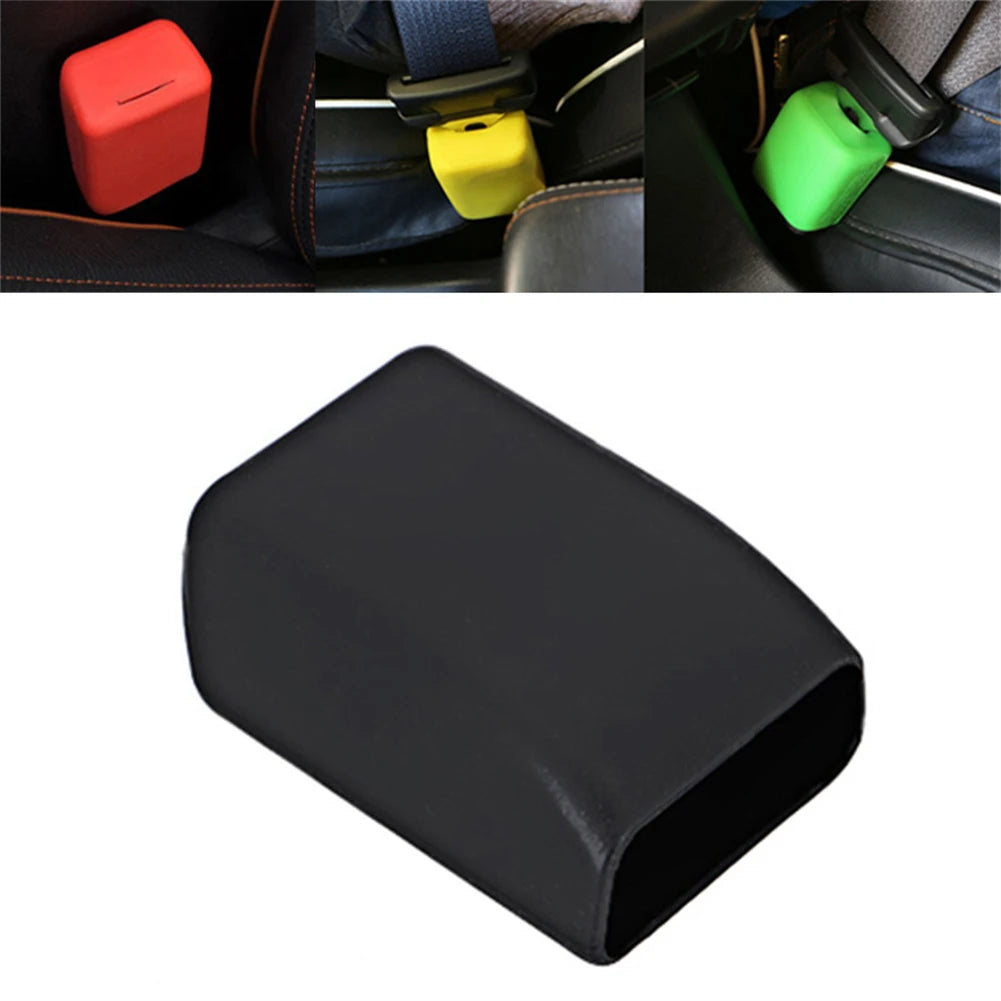 A black silicone seat belt buckle cover shown in various colors and an open view.