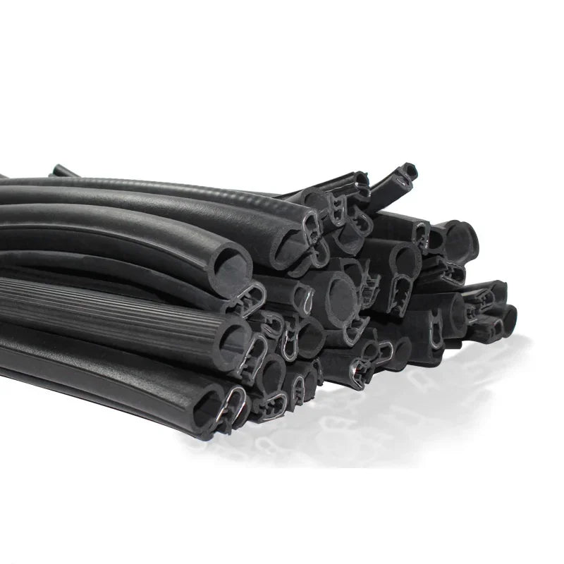 A bundle of black U-shaped door edge seal strips.