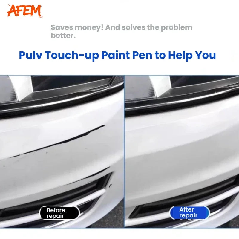 Before and after comparison showing a car paint touch-up pen repairing a scratch on a white car surface.