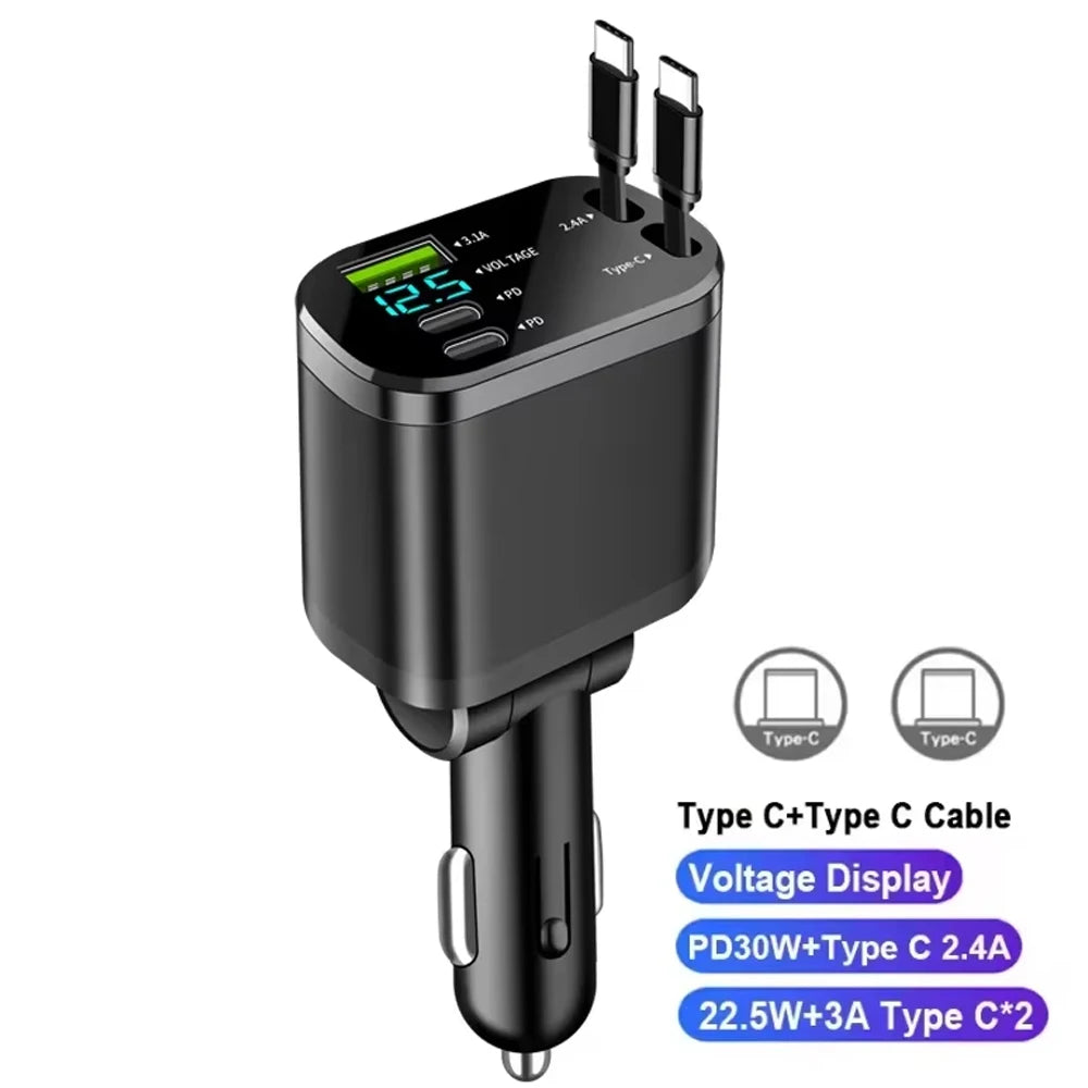 Black car charger with a digital voltage display and multiple Type-C cables