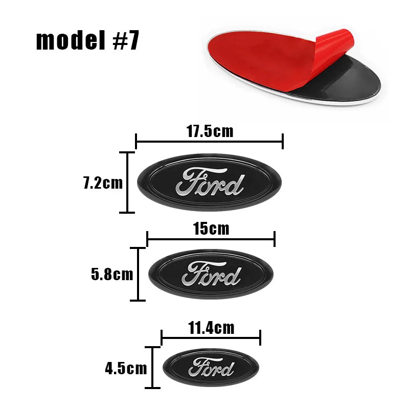 A set of four Ford emblem badge stickers in various sizes and a red and black hood decal.