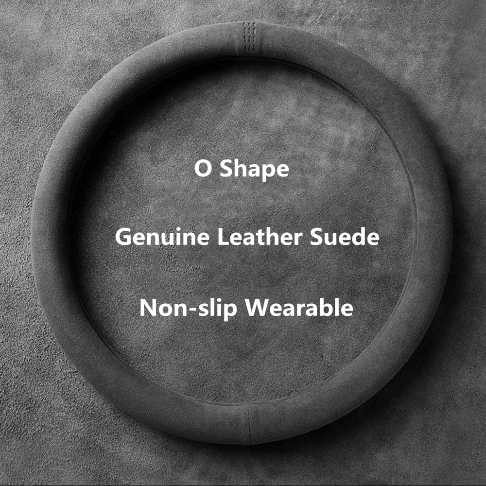 A circular black suede steering wheel cover with text indicating O Shape, genuine leather, and non-slip wearability.