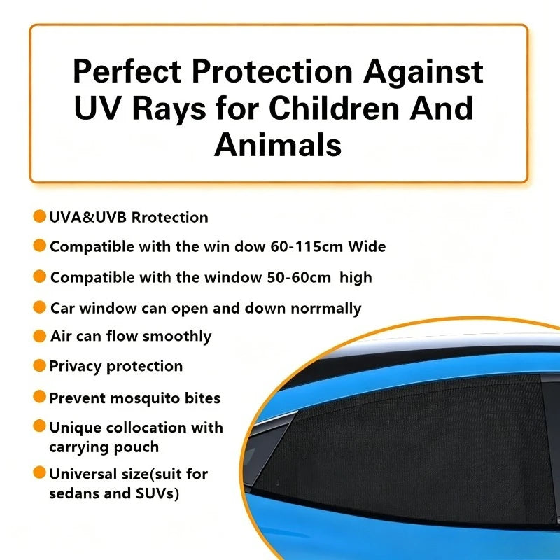 Black car window mesh sun shade with mosquito net installed on a blue vehicle.